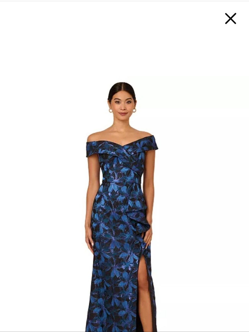 Adrianna Papell Navy and Blue One-Shoulder Floral Evening Gown